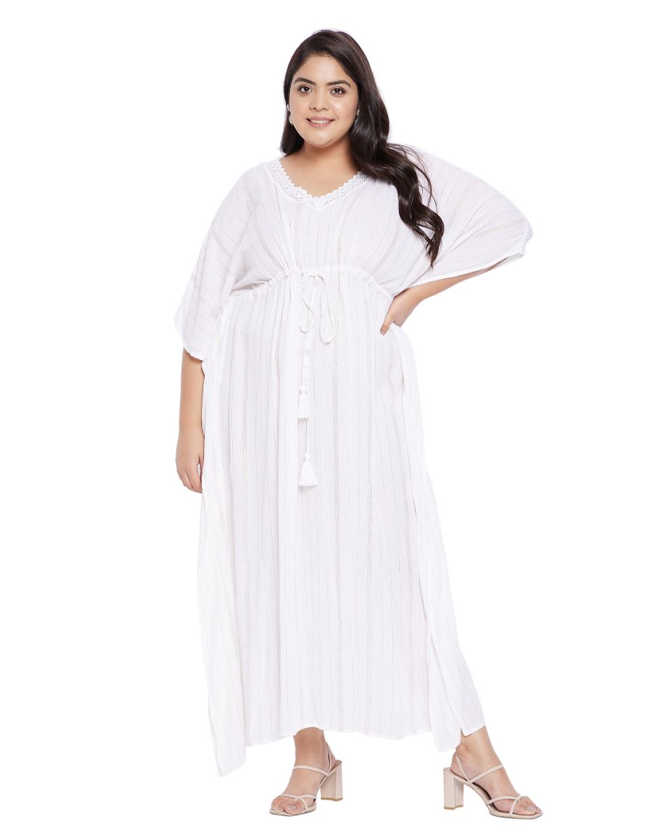 Solid White Rayon With Lurex Stripes Kaftan Dress for Women