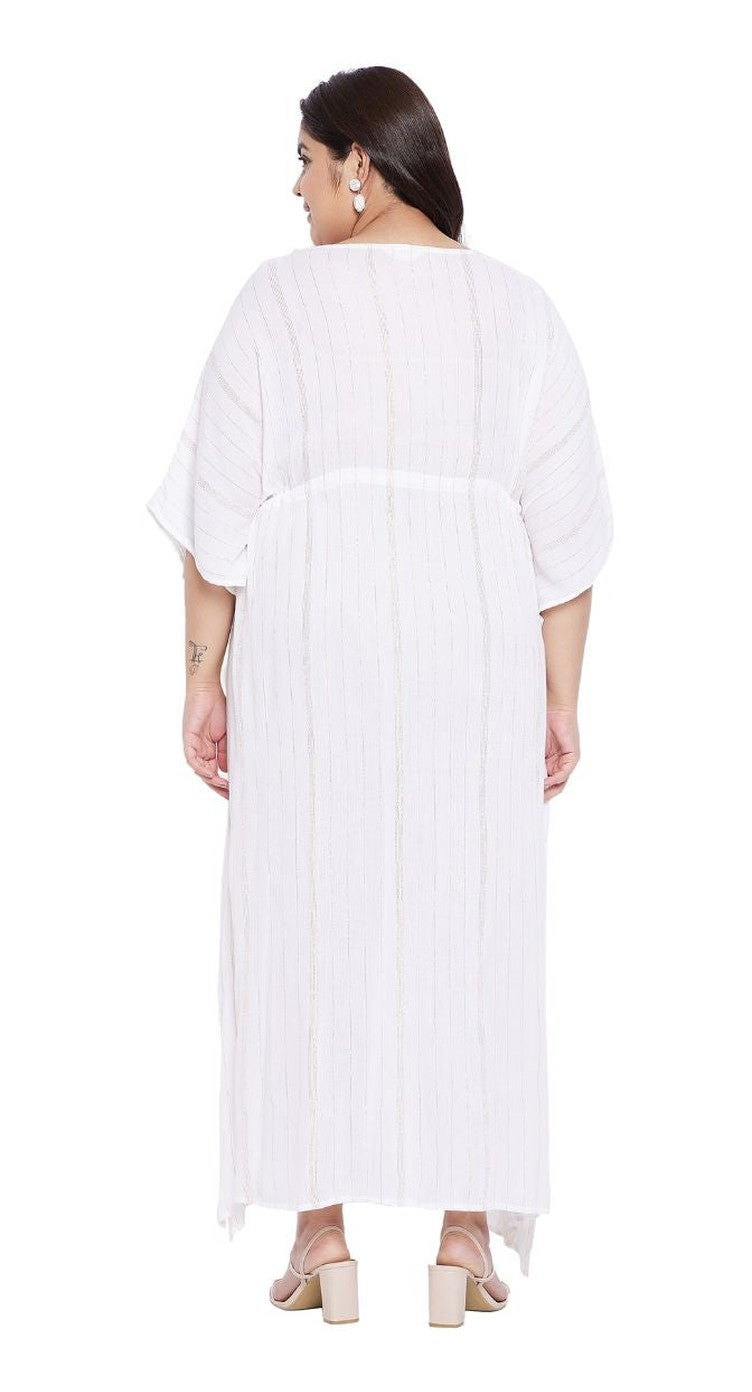 White rayon plus size lurex kaftan dress with drawstring waist and kimono sleeves — extra view