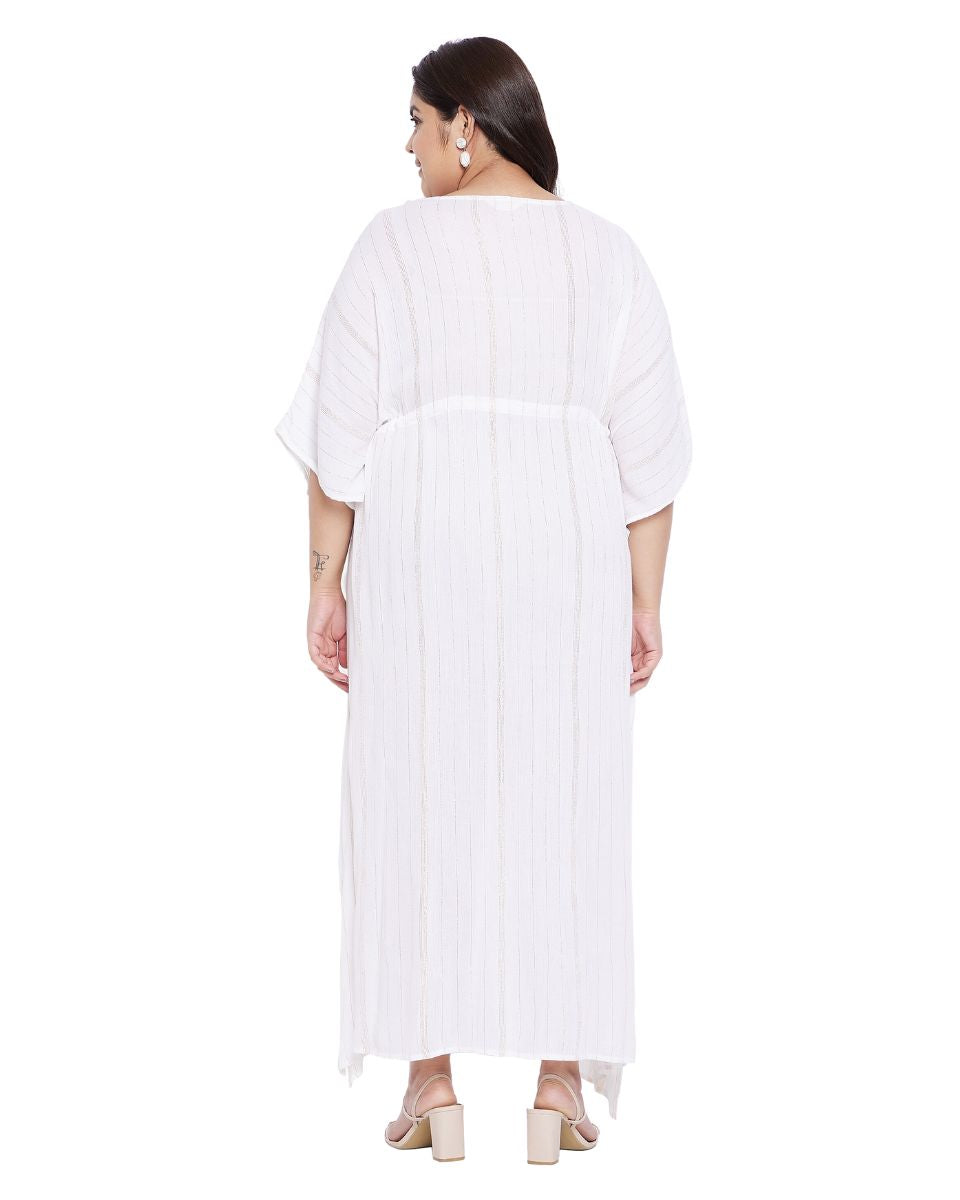 Solid White Rayon With Lurex Stripes Kaftan Dress for Women