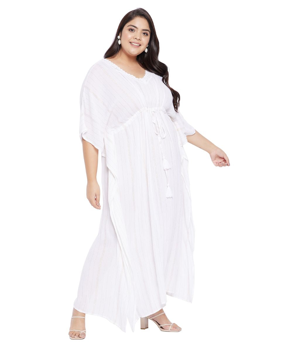 Rayon Solid White With Lurex Stripes Kaftan Plus Size For Women