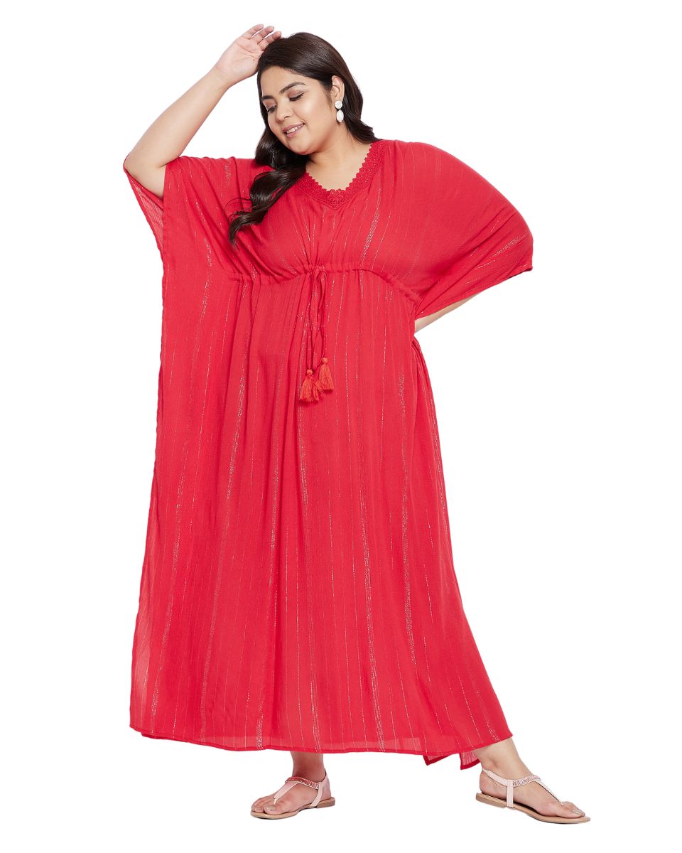 Rayon Solid Red With Lurex Stripes Kaftan Dress For Plus Size Women