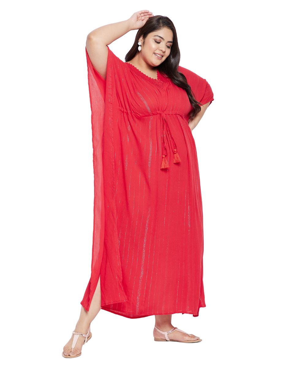 Rayon Solid Red With Lurex Stripes Kaftan Dress For Plus Size Women