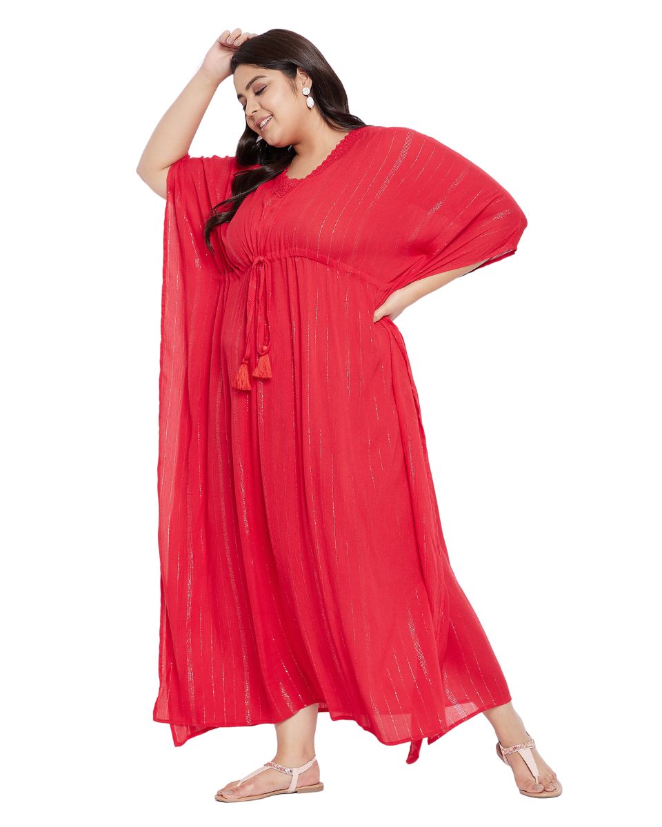 Rayon Solid Red With Lurex Stripes Kaftan Dress For Plus Size Women