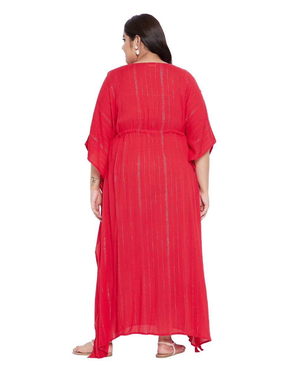 Rayon Solid Red With Lurex Stripes Kaftan Dress For Plus Size Women