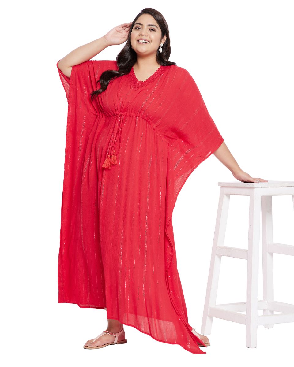 Rayon Solid Red With Lurex Stripes Kaftan Dress For Plus Size Women