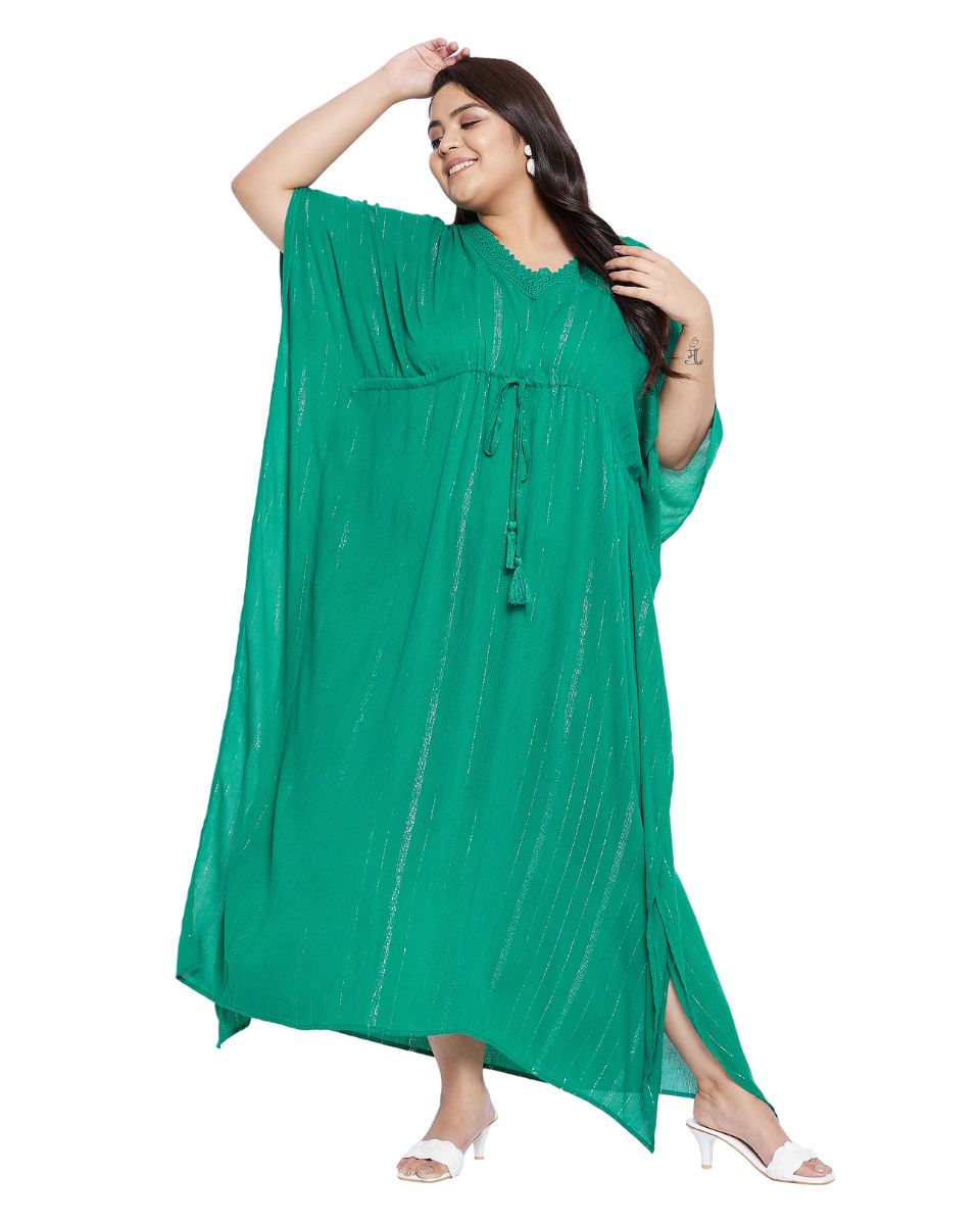 Solid Green Rayon With Lurex Stripes Kaftan Dress for Women