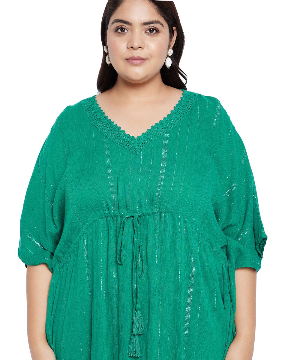 Solid Green Rayon With Lurex Stripes Kaftan Dress for Women