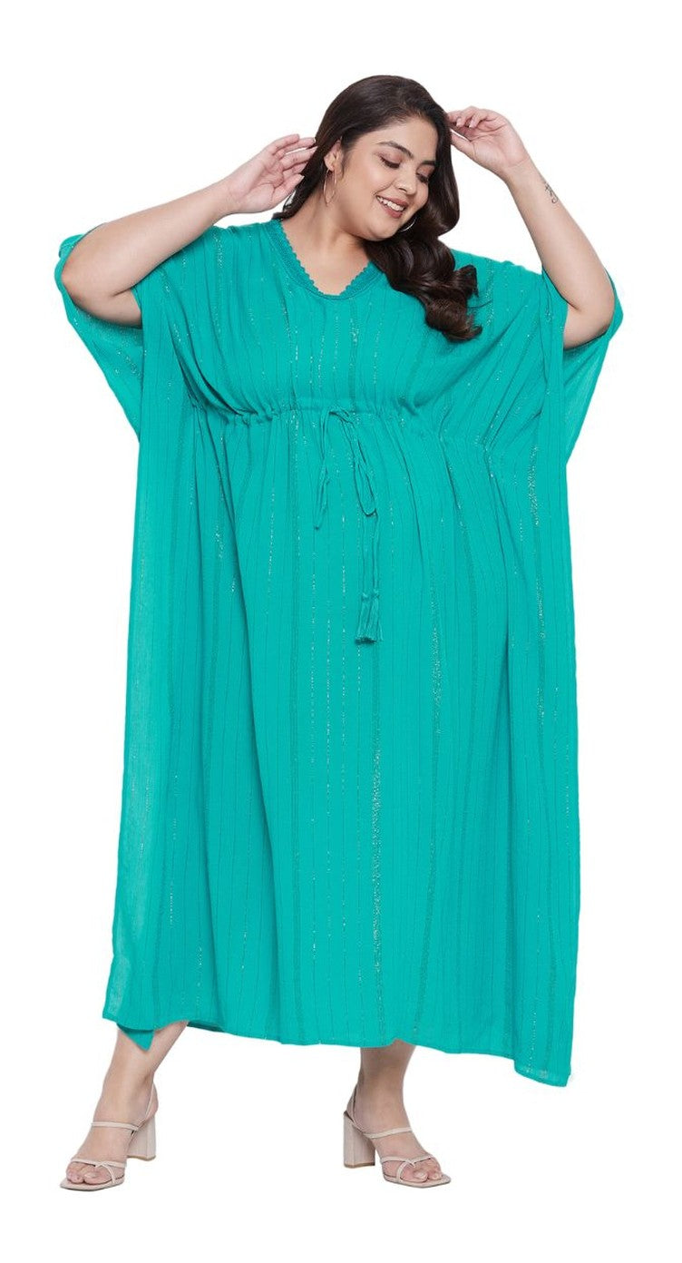 Turquoise rayon plus size lurex kaftan dress with drawstring waist and kimono sleeves