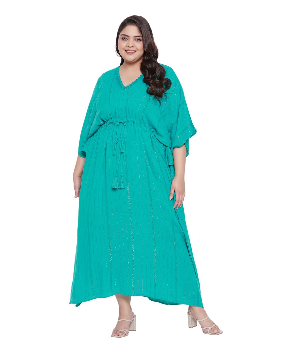 Turquoise Rayon With Lurex Stripes Kaftan For Plus Size Women