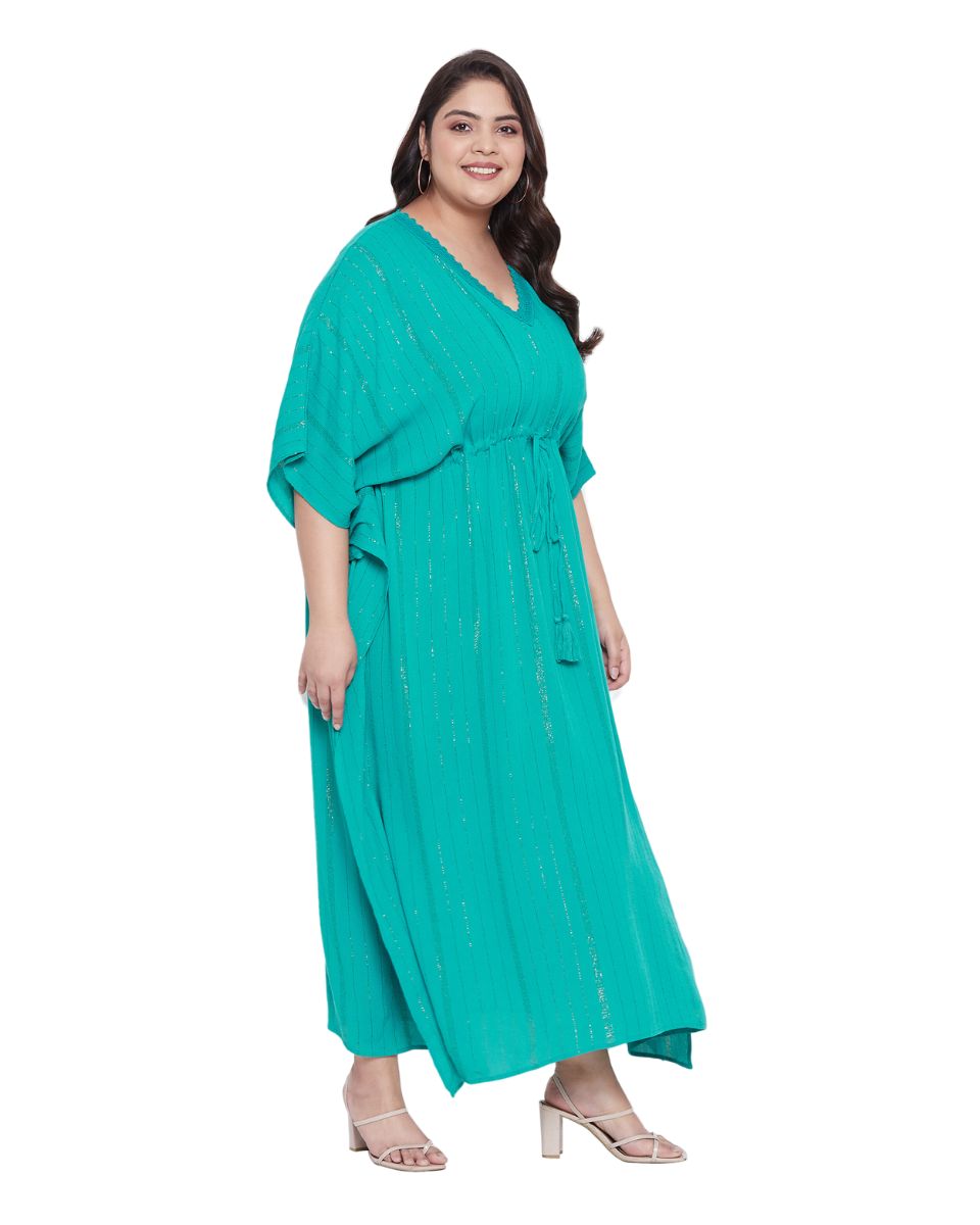 Turquoise Rayon With Lurex Stripes Kaftan For Plus Size Women