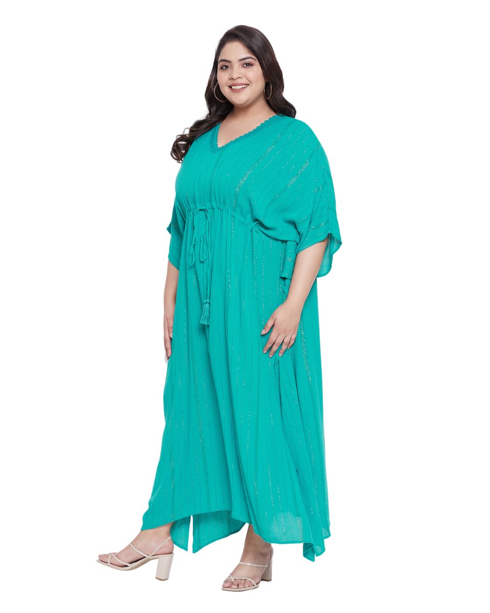 Turquoise Rayon With Lurex Stripes Kaftan For Plus Size Women