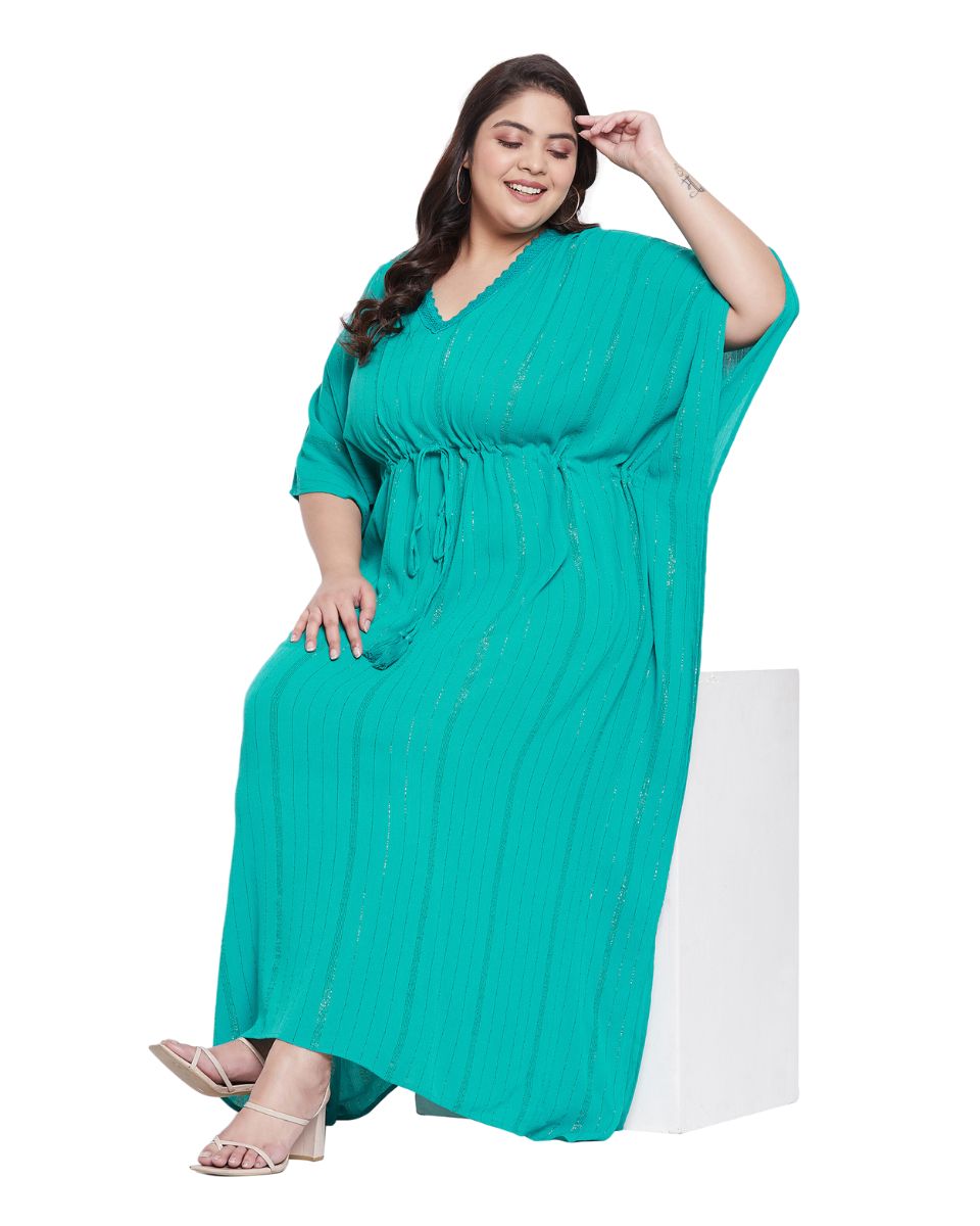 Turquoise Rayon With Lurex Stripes Kaftan For Plus Size Women