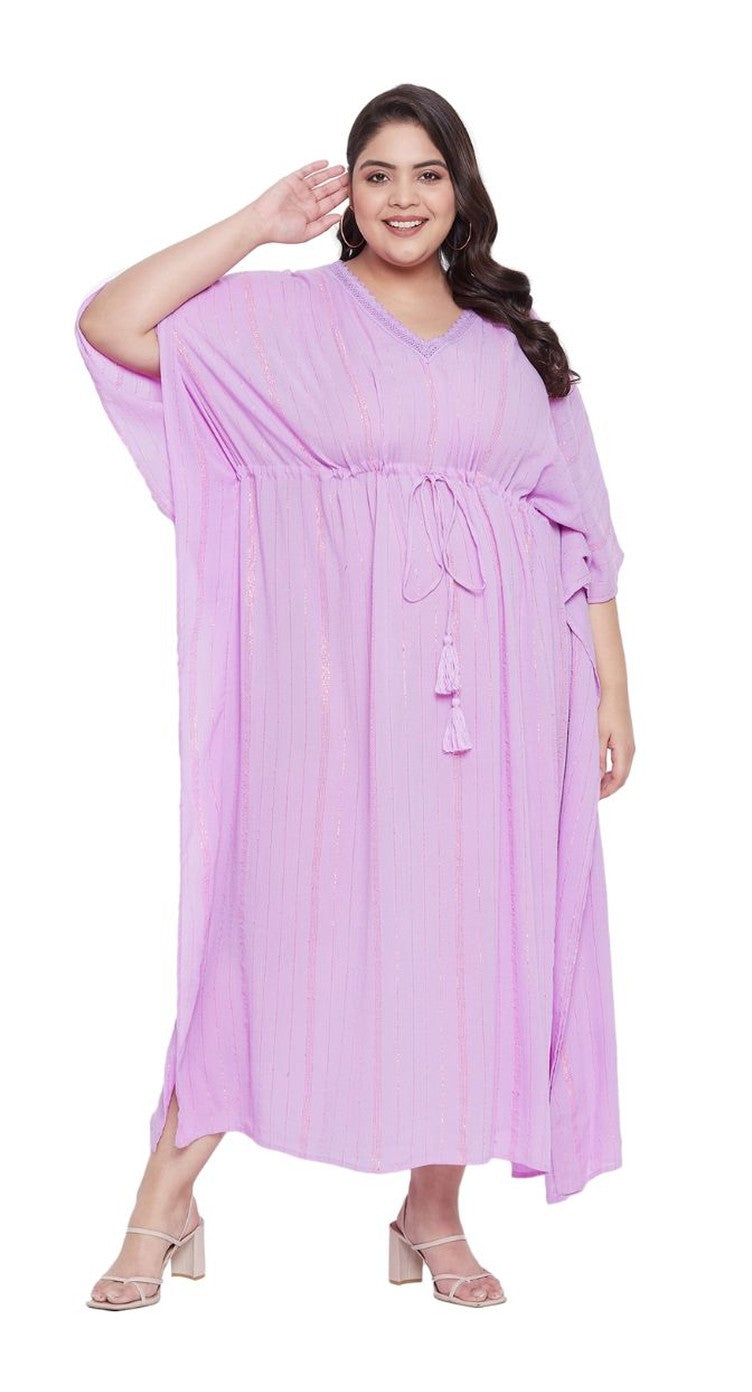 Lavender rayon plus size lurex kaftan dress with drawstring waist and tassel tie