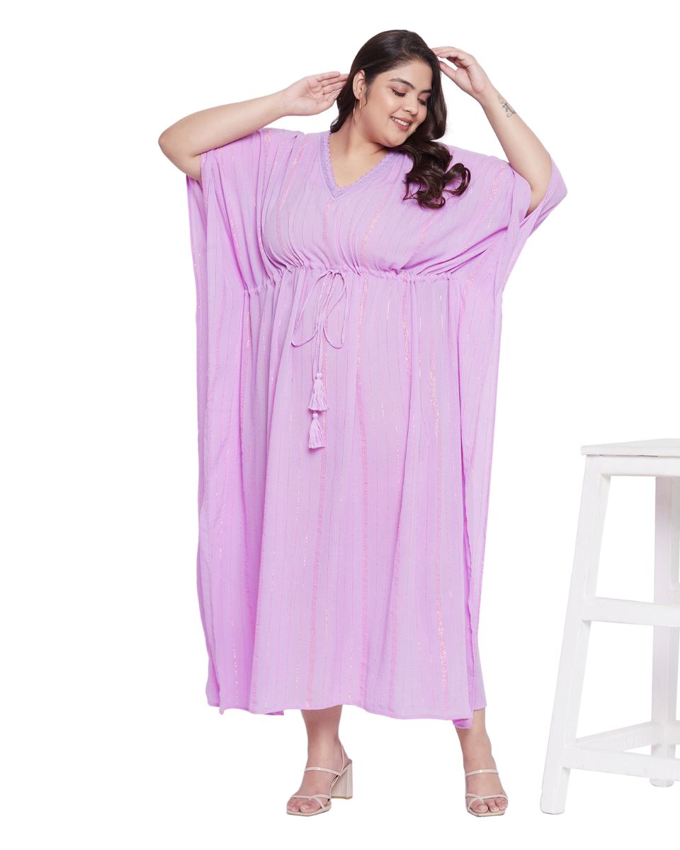 Lavender Solid Rayon With Lurex Stripes Kaftan For Plus Size Women