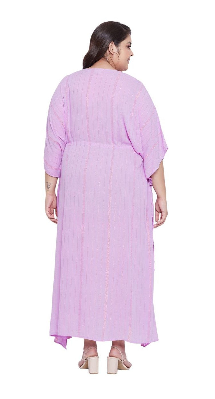 Lavender rayon plus size lurex kaftan dress with drawstring waist and tassel tie — extra view