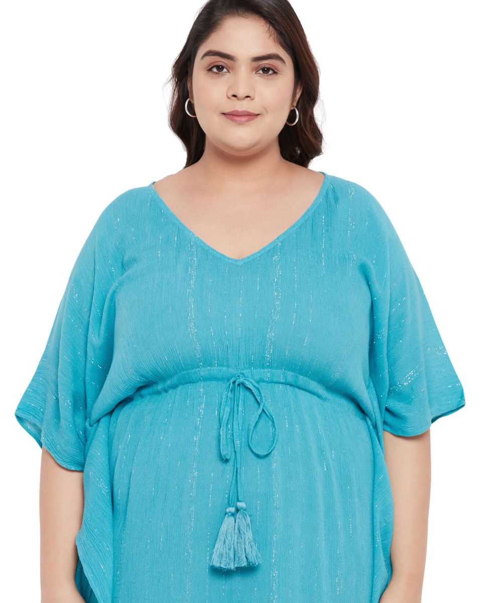 Solid Sky Blue Rayon With Lurex Stripes Tunic Top for Women