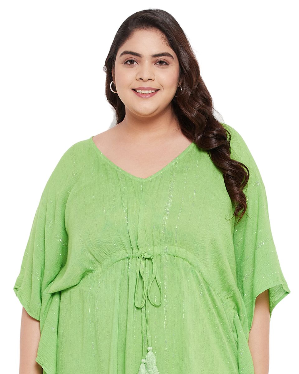 Solid Green Rayon With Lurex Stripes Tunic Top for Women