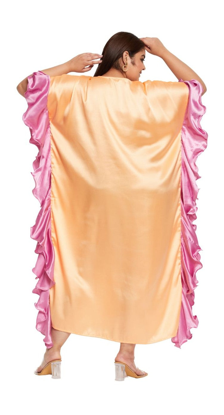 Apricot satin plus size kaftan dress with pink contrast ruffle sleeve trim — alternate view
