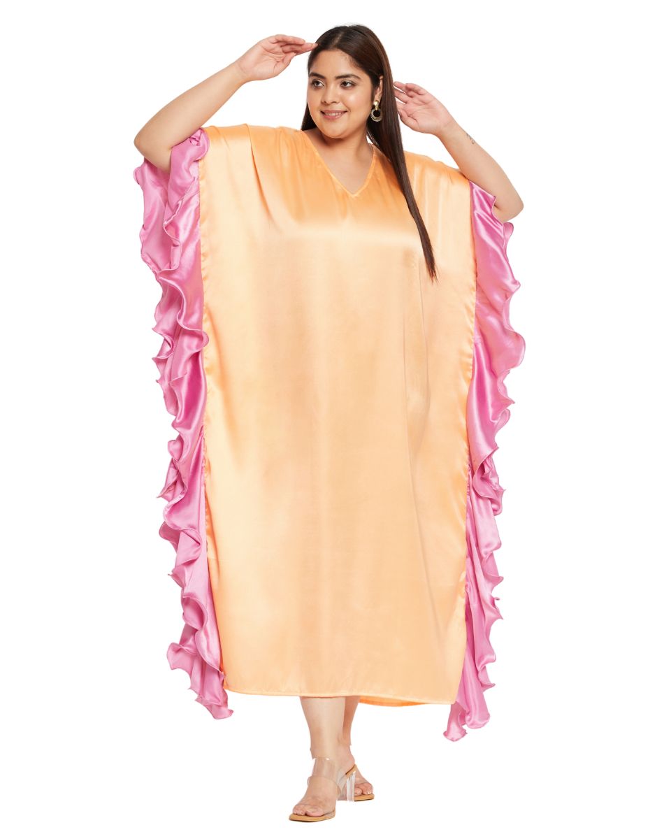 Solid Peach Satin Ruffle Kaftan Dress For Plus Size Women