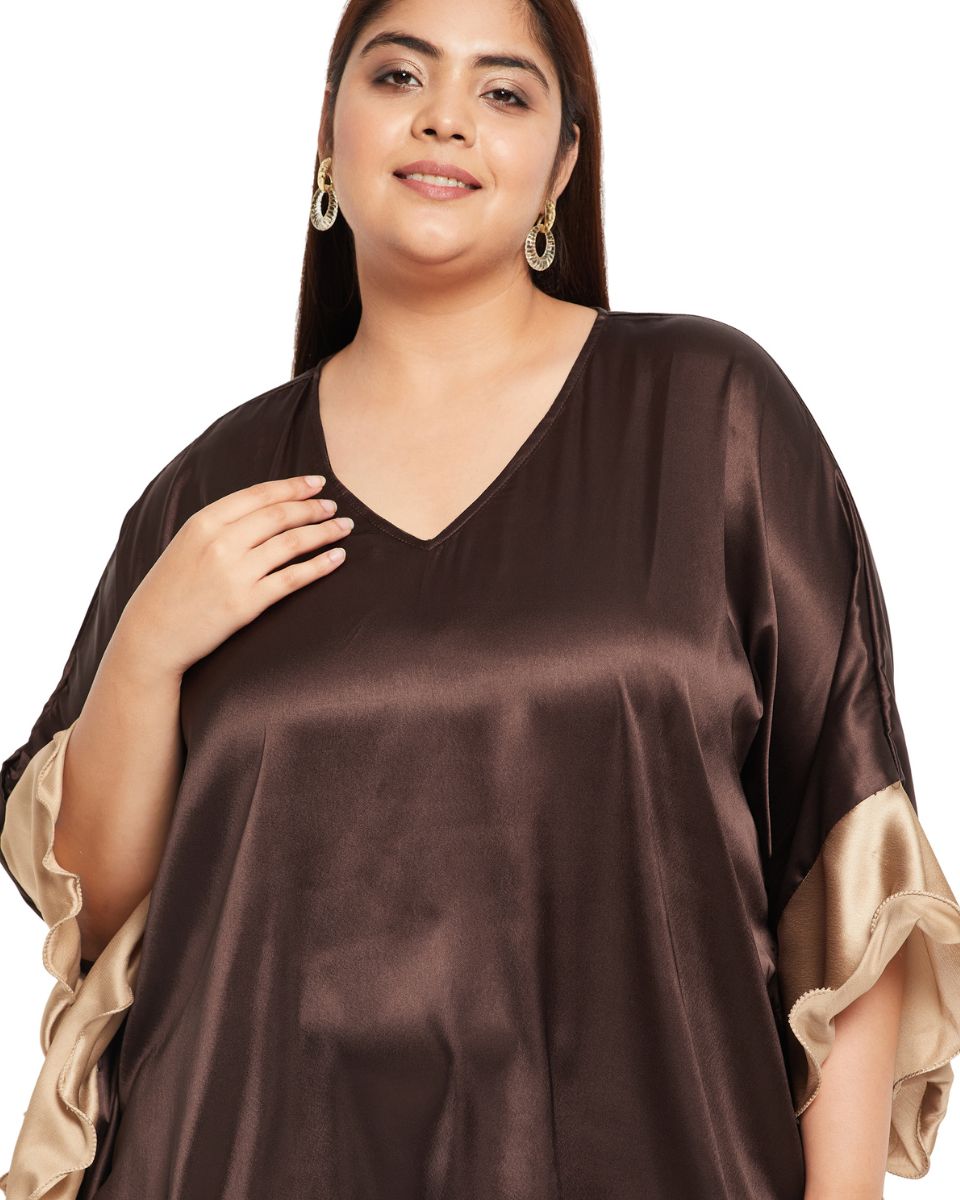 Solid Brown Satin Ruffle Kaftan Dress for Women