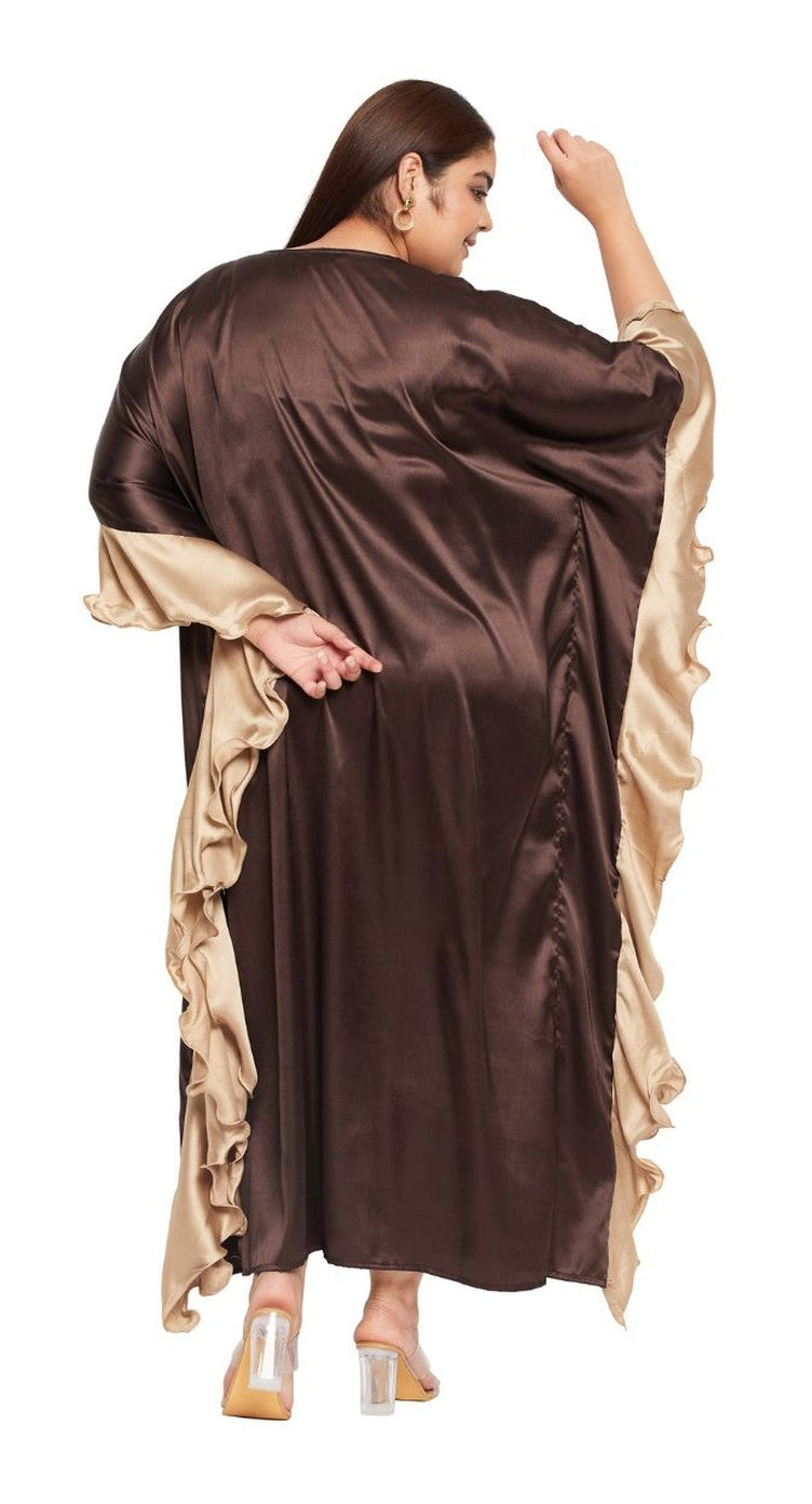 Brown satin plus size kaftan dress with gold contrast ruffle sleeves and V-neck — alternate view