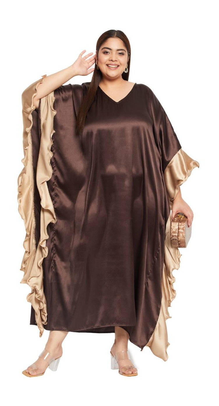 Brown satin plus size kaftan dress with gold contrast ruffle sleeves and V-neck