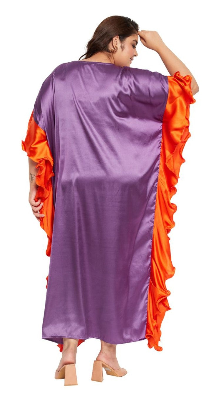 Purple satin plus size kaftan dress with orange contrast ruffle sleeve trim — extra view