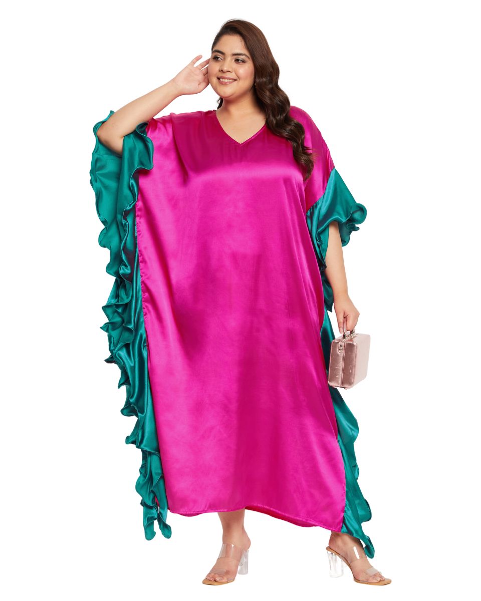 Solid Magenta Satin Ruffle Kaftan Dress for Women