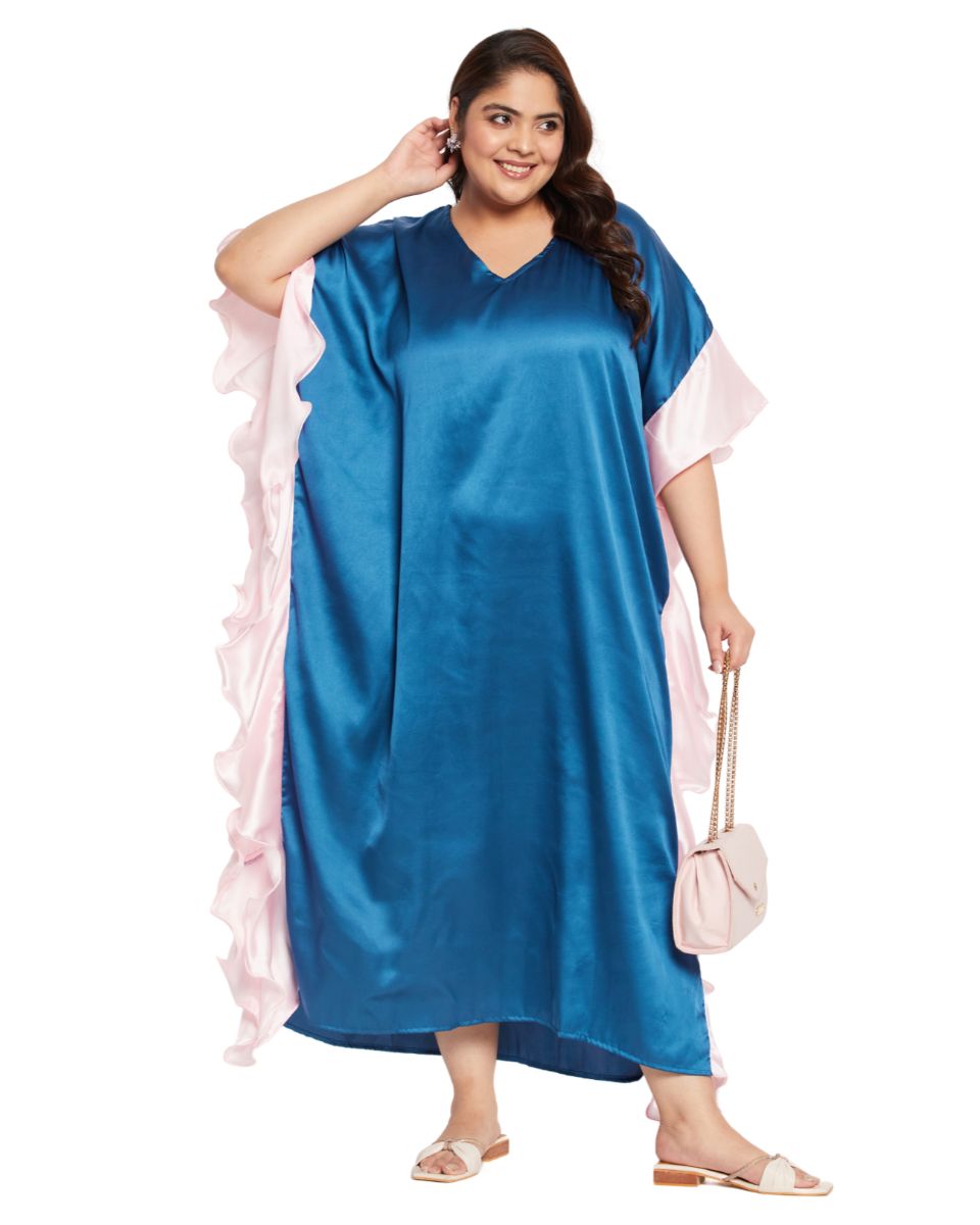 Solid Royal Blue Satin Ruffle Kaftan Dress for Women