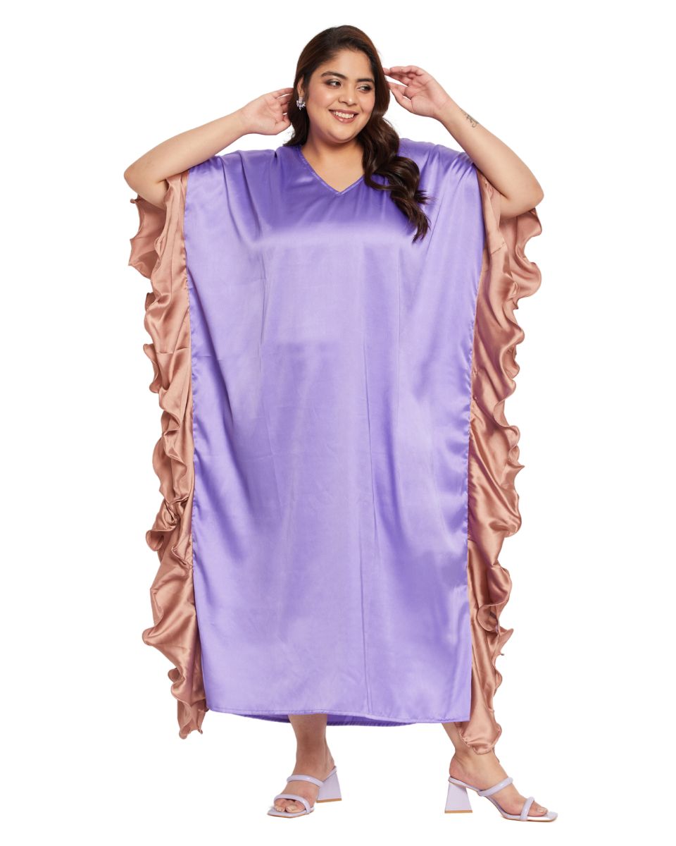 Solid Lavender Satin Ruffle Kaftan Dress for Women