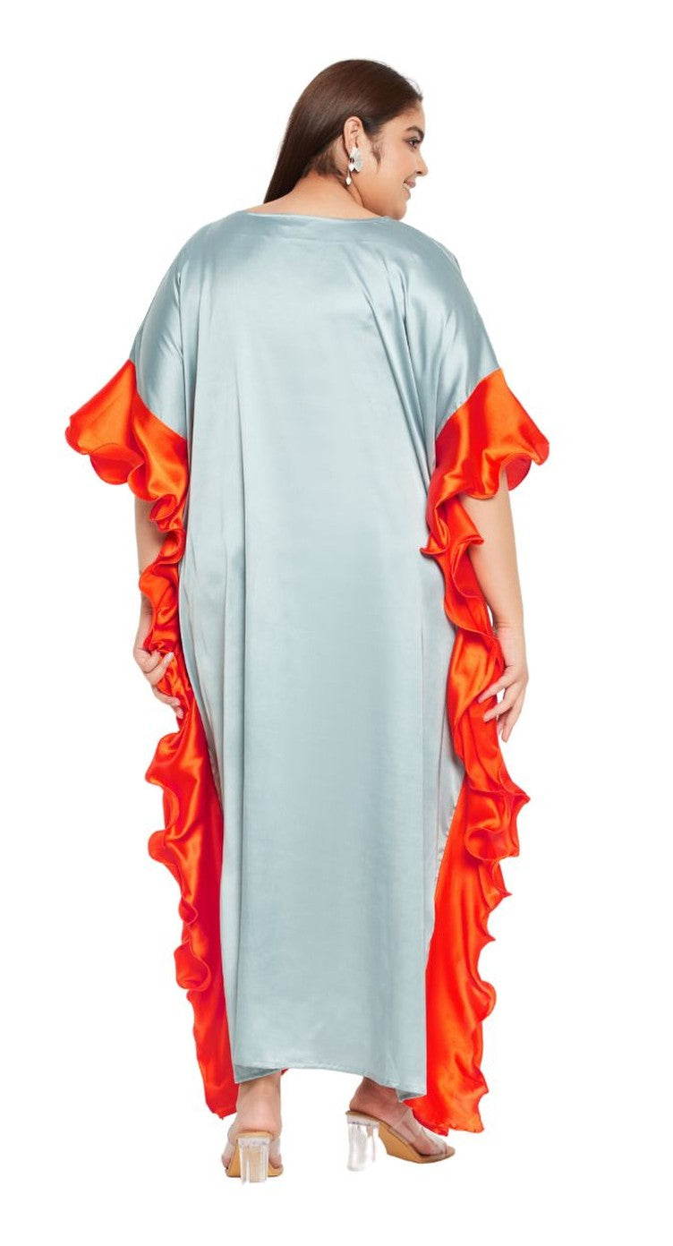 Pale grey satin plus size kaftan dress with orange contrast ruffle sleeve trim — extra view