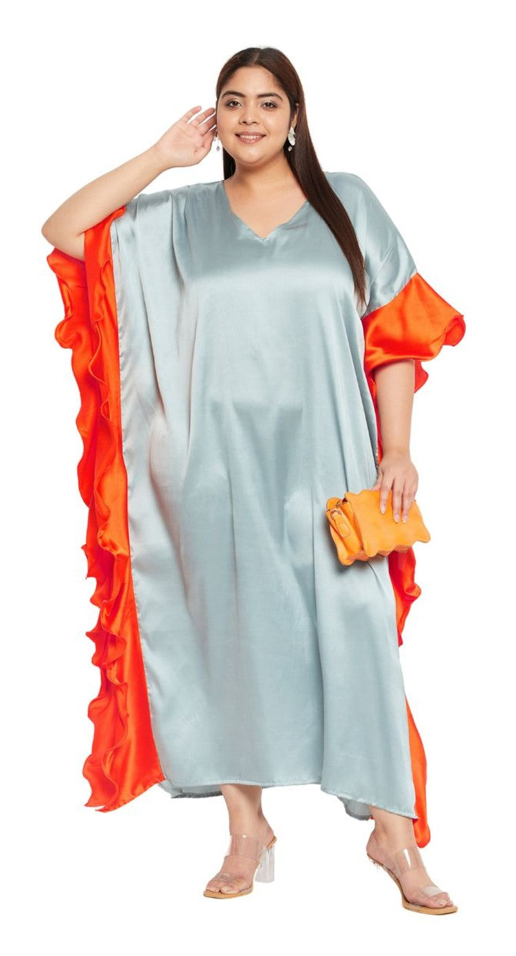 Pale grey satin plus size kaftan dress with orange contrast ruffle sleeve trim