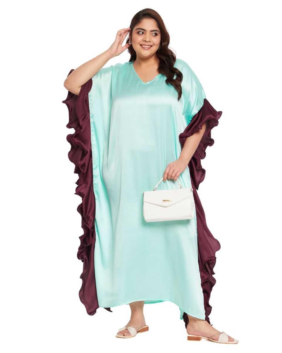 Solid Sky Blue Satin Ruffle Kaftan Long Dress for Women