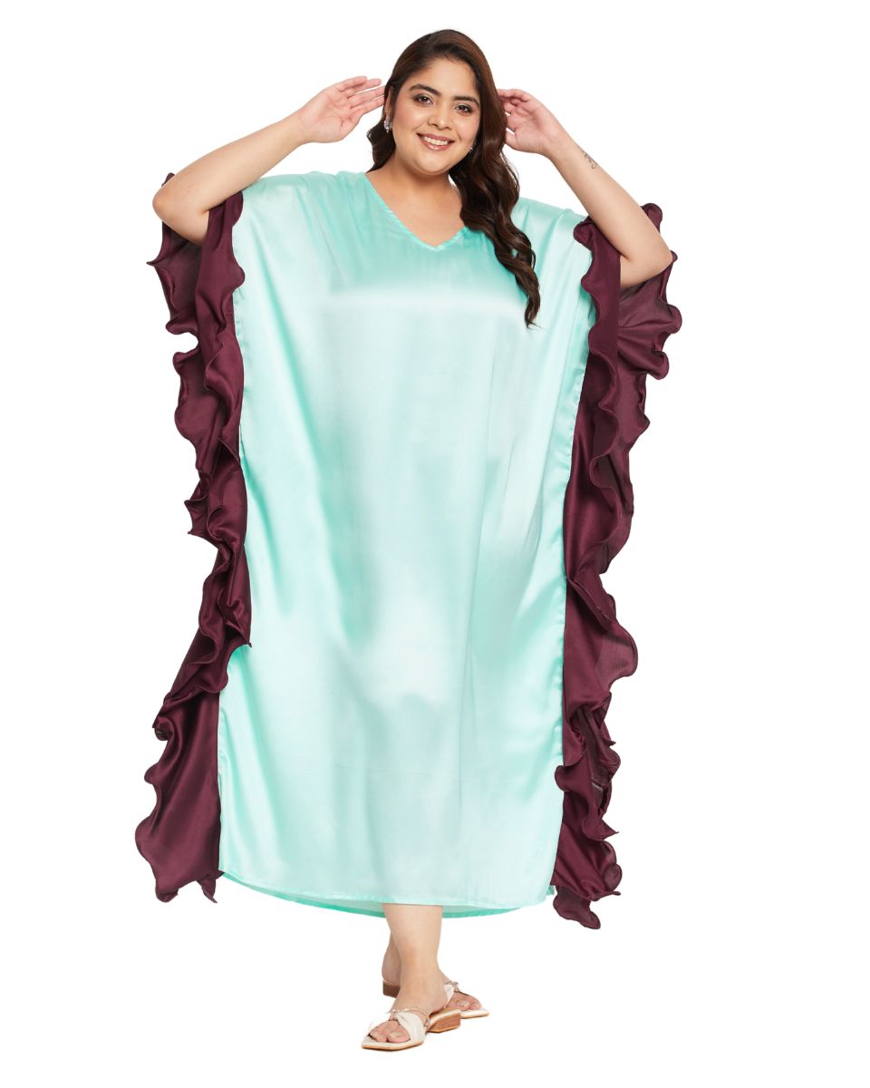 Sky Blue Solid Satin Plus Size Ruffle Kaftan Dress For Women