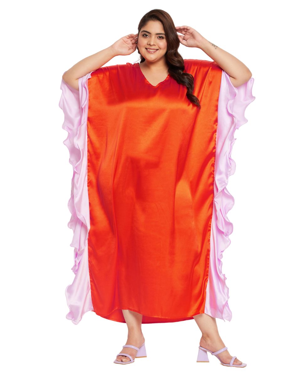 Orange Satin Ruffle Kaftan Dress