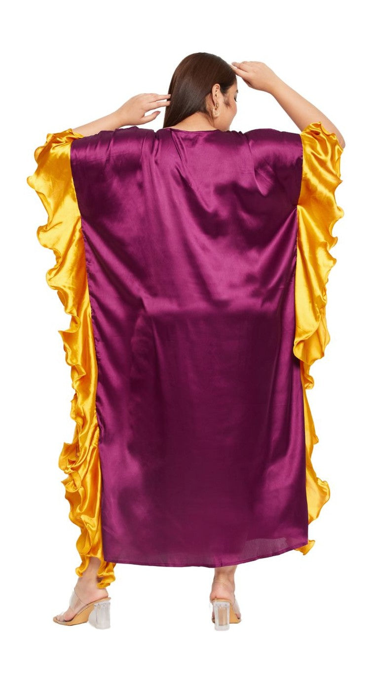 Purple satin plus size kaftan dress with gold ruffled sleeve trim and V-neck — extra view