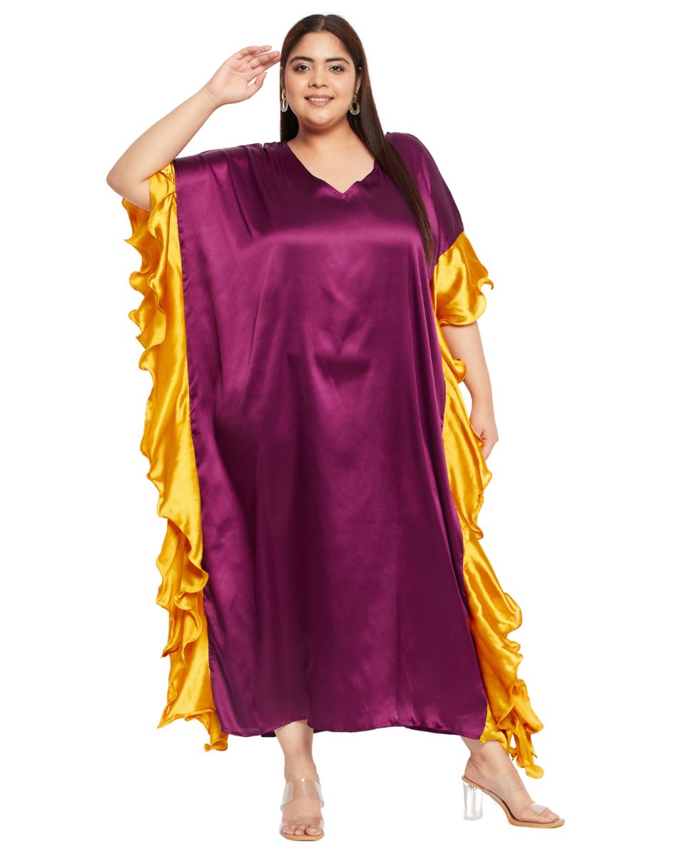 Elegant Mauve Ruffle Kaftan Long Dress