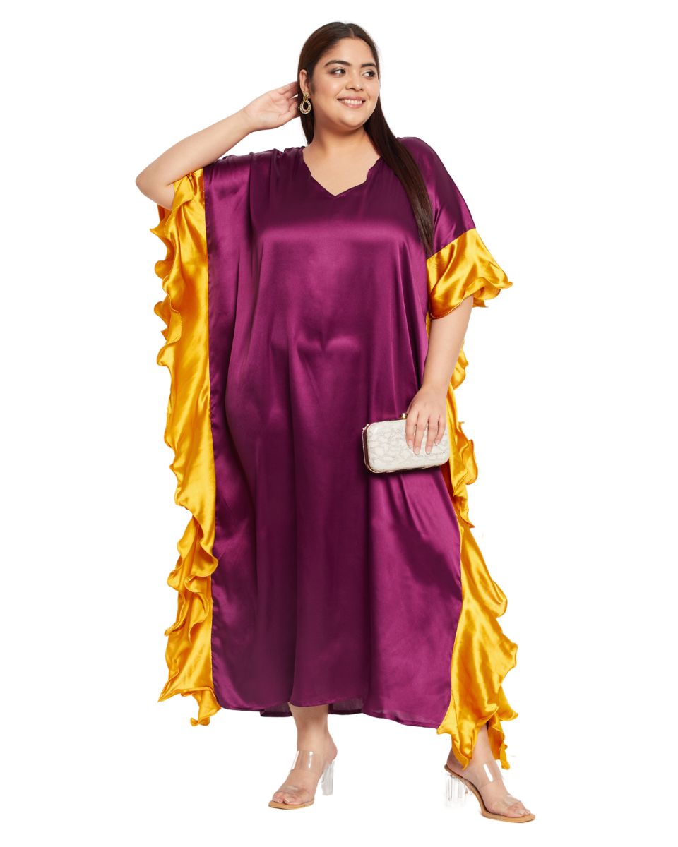 Solid Mauve Satin Ruffle Kaftan Dress for Women