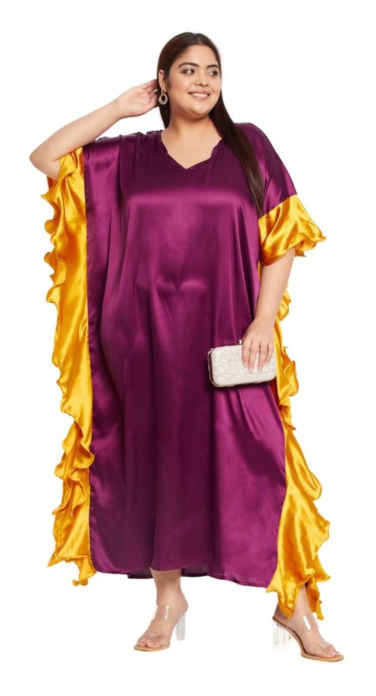 Purple satin plus size kaftan dress with gold ruffled sleeve trim and V-neck