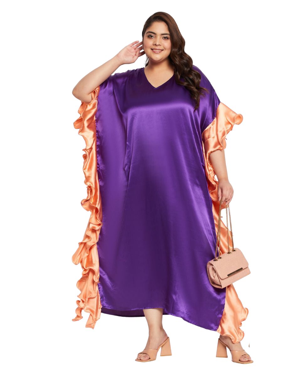 Solid Purple Satin Ruffle Kaftan Dress 