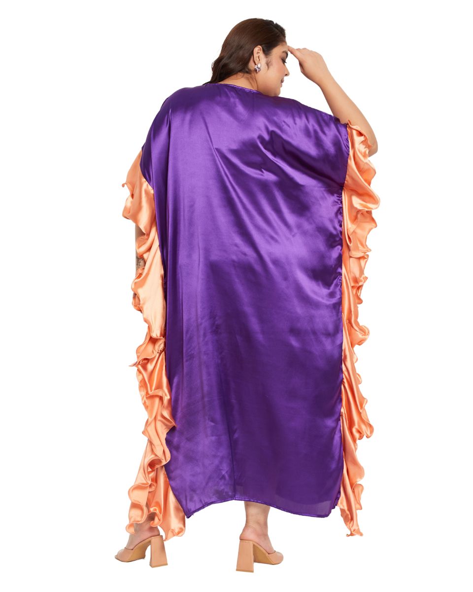 Solid Purple Satin Ruffle Kaftan Dress for Women
