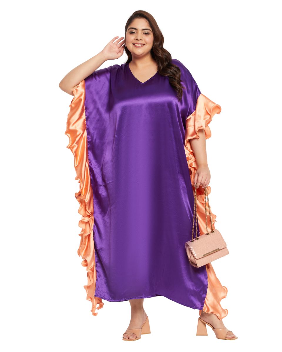 Solid Purple Satin Ruffle Kaftan Dress for Women