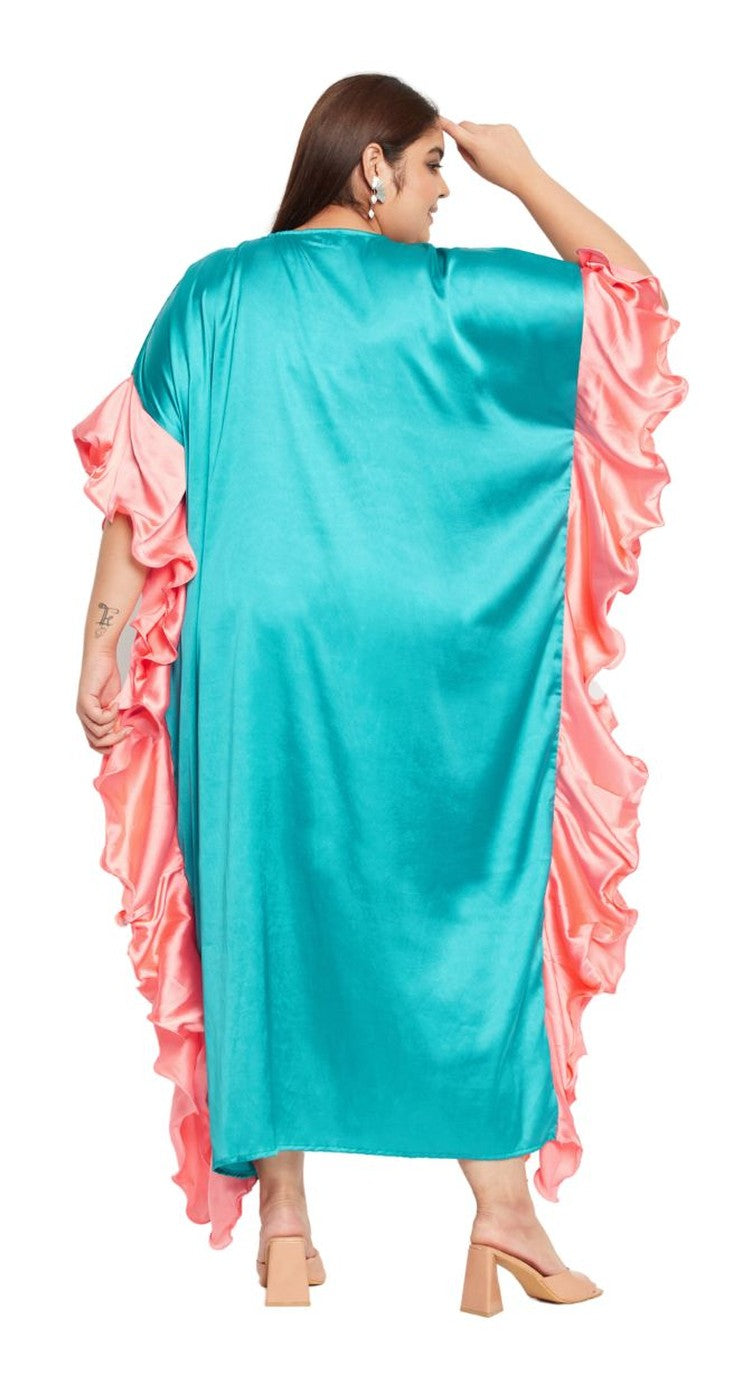 Turquoise satin plus size kaftan dress with pink contrast ruffle sleeve trim — alternate view