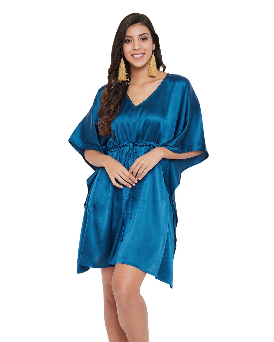 Solid Corsair Blue Satin Tunic Top For Plus Size Women