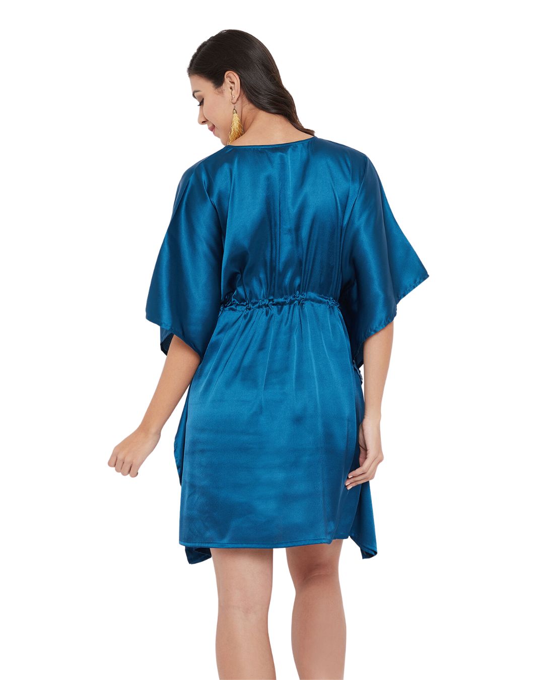 Solid Corsair Blue Satin Tunic Top For Plus Size Women