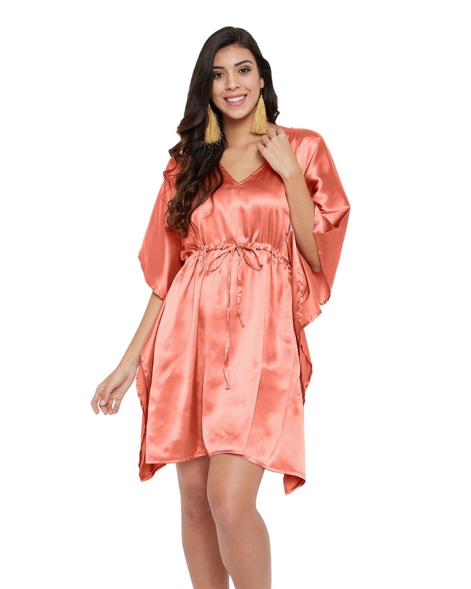 Rose Solid Salmon Satin Tunic Plus Size Top For Women