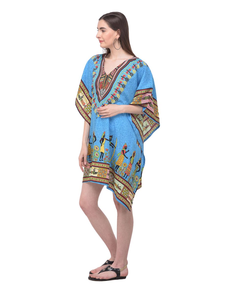 Tribal Printed Blue Polyester Tunic Top for Women