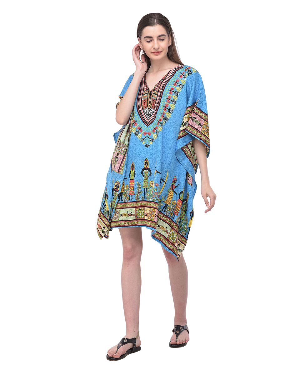 Tribal Printed Blue Polyester Tunic Top for Women