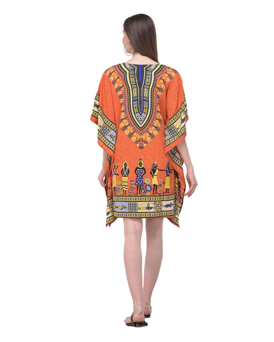 Tribal Printed Orange Polyester Tunic Top for Women