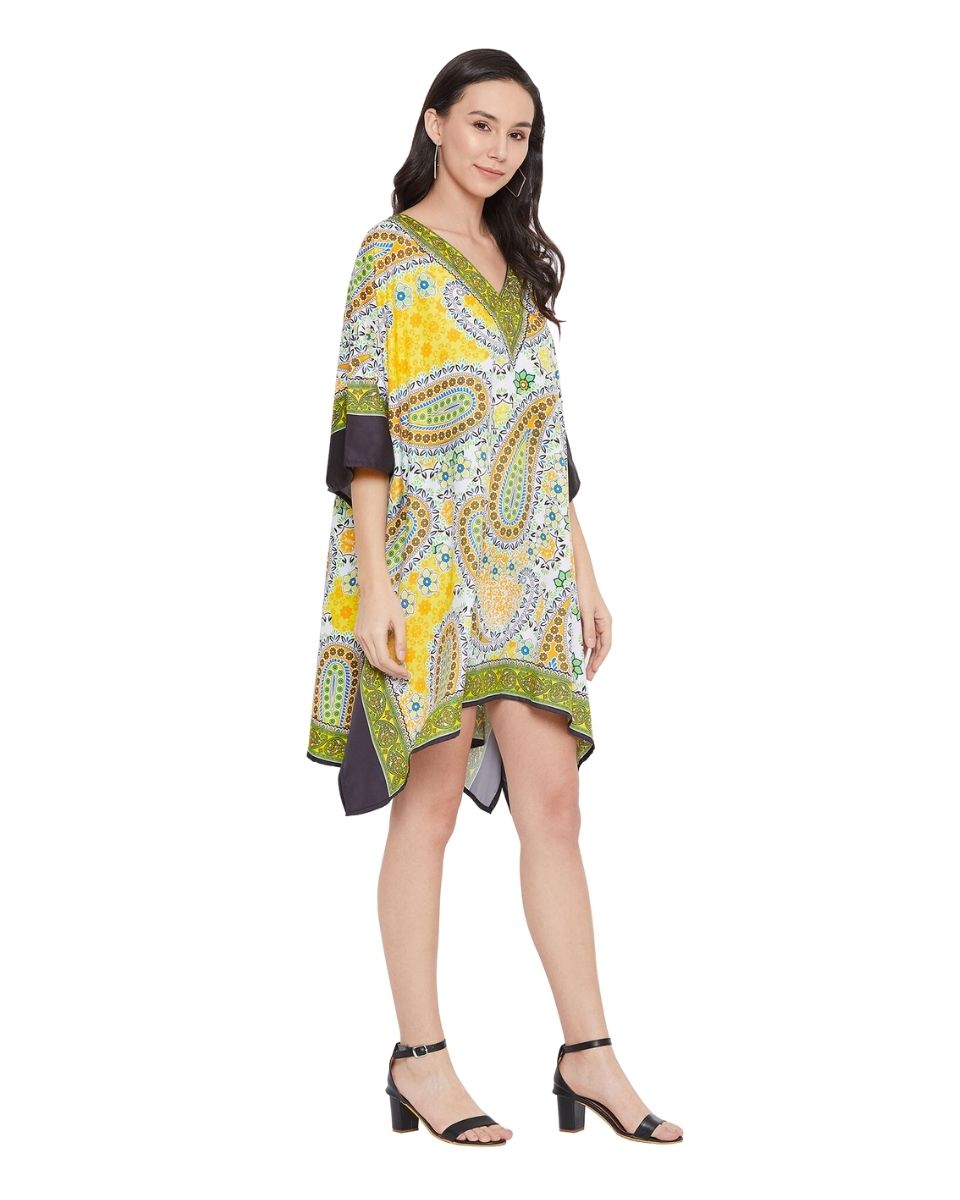 Paisley Printed Yellow Plus Size Polyester Tunic Top For Women